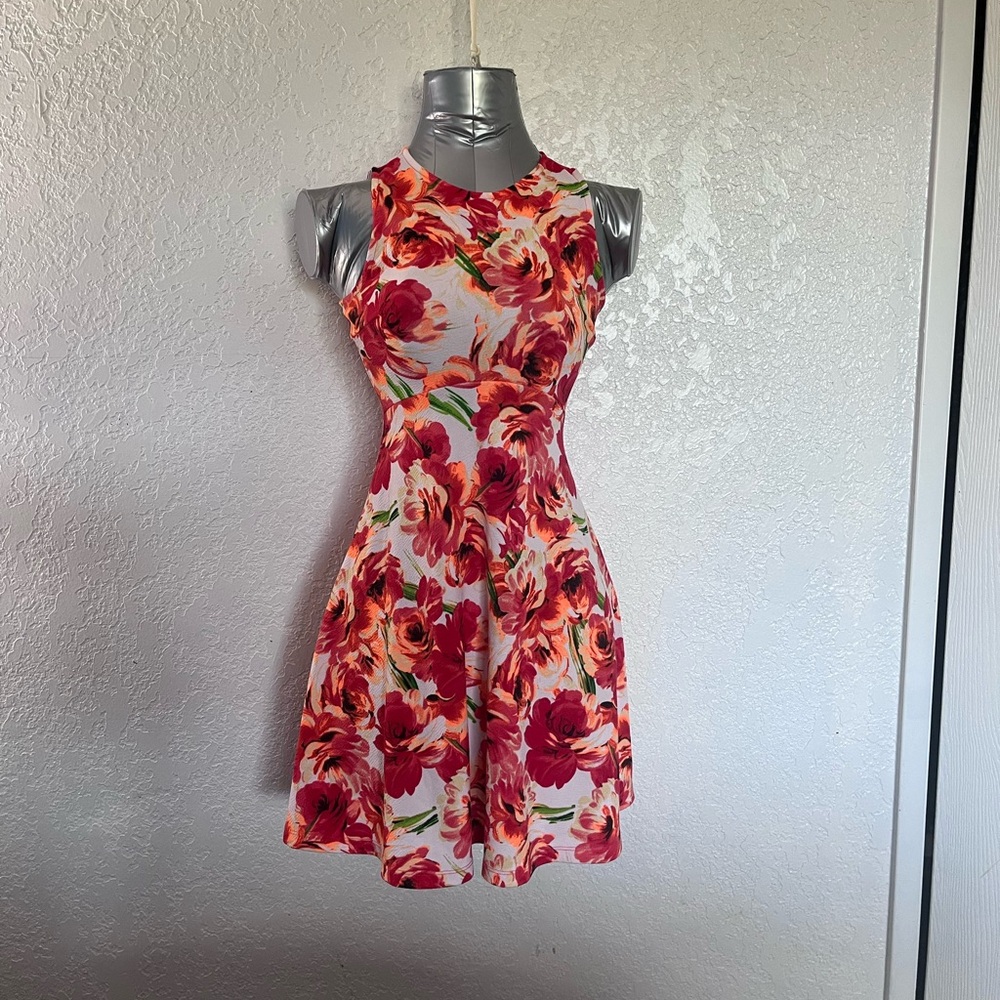 Floral Sleeveless Dress - Red and White